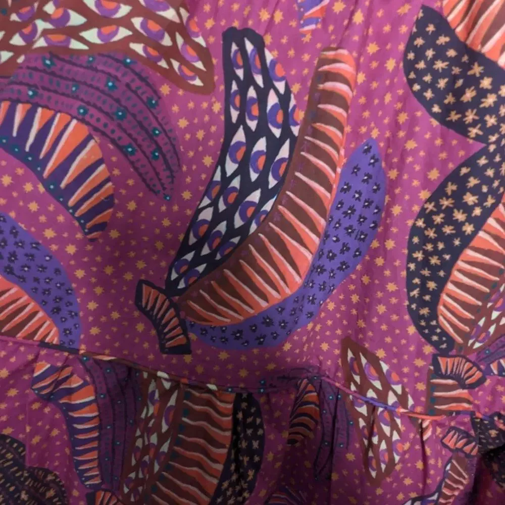 Farm Rio Pink Wild Bananas Print Ruffled Cotton Midi Dress New with Defect M